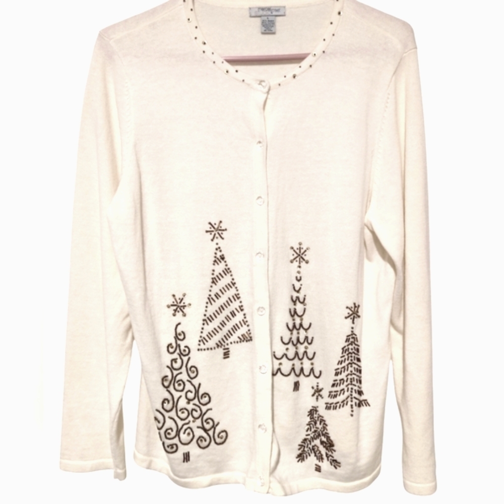 Mercer Street Studio Christmas Cardigan Sweater Size L White w/ Gold Beading-342